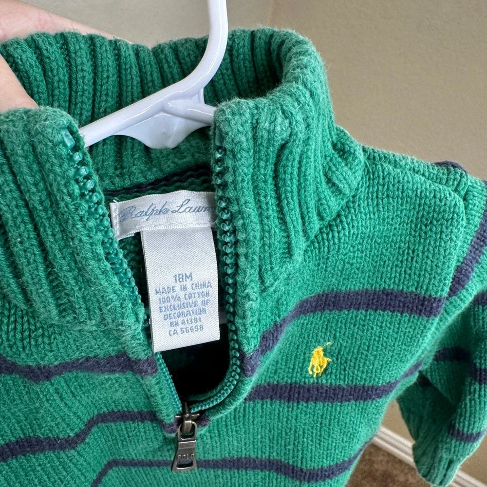 Ralph Lauren Toddler Boy 18M Green Navy Striped Quarter Zip Cotton Sweater